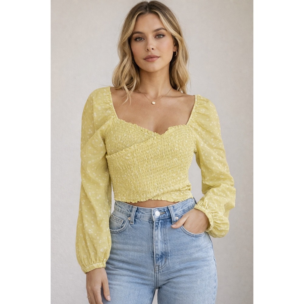 American Eagle‎ Yellow Floral Smocked Crop Top Long Sleeve Square Neck Small
